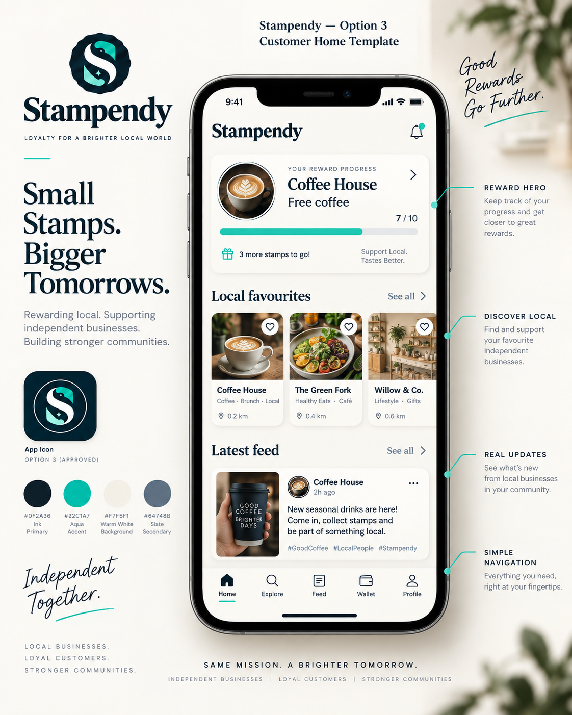 Approved Stampendy customer Home design showing loyalty progress, local favourites and business updates